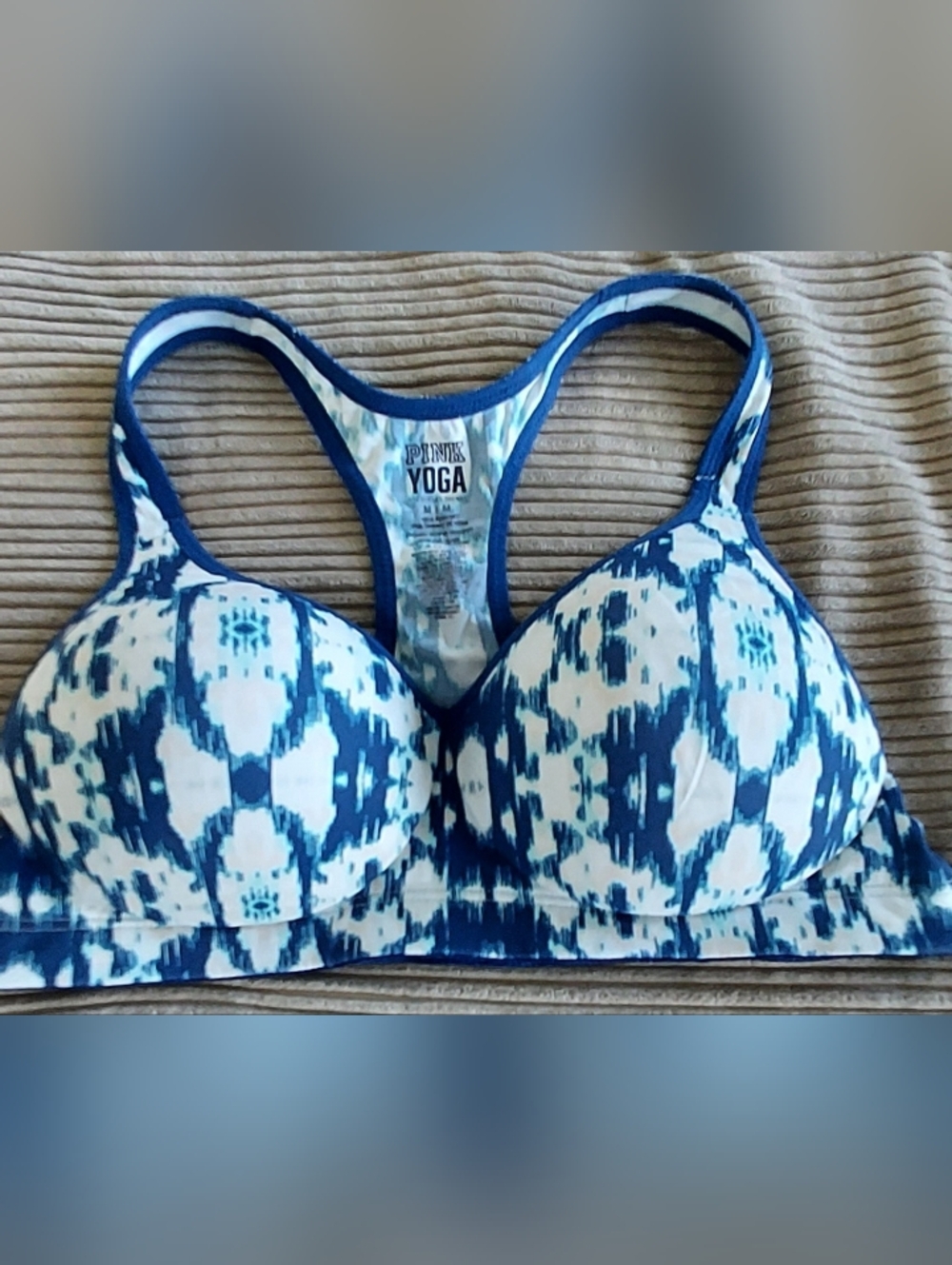 Pink Victorias Secret Yoga Pushup Sports Bra Blue White Blotch Racerback Medium